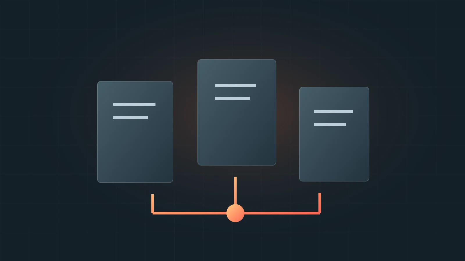 Three documents connected by a shared data line